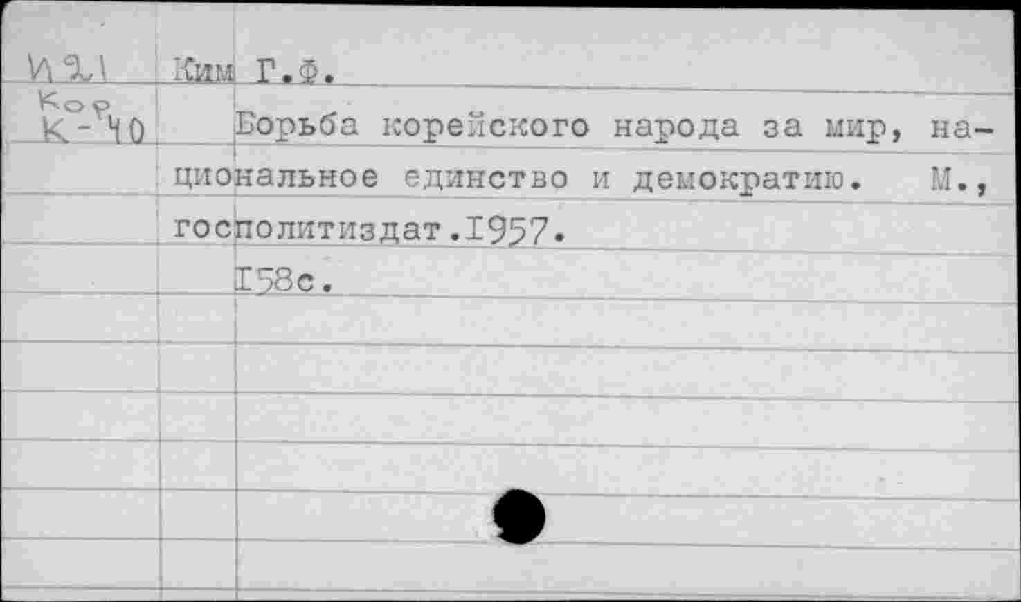 ﻿к - ча.	Борьба корейского народа за мир, на-
цгюнальное единство и демократию. М.,	
госполитиздат.1957•	
	;	:	£,58.С •		